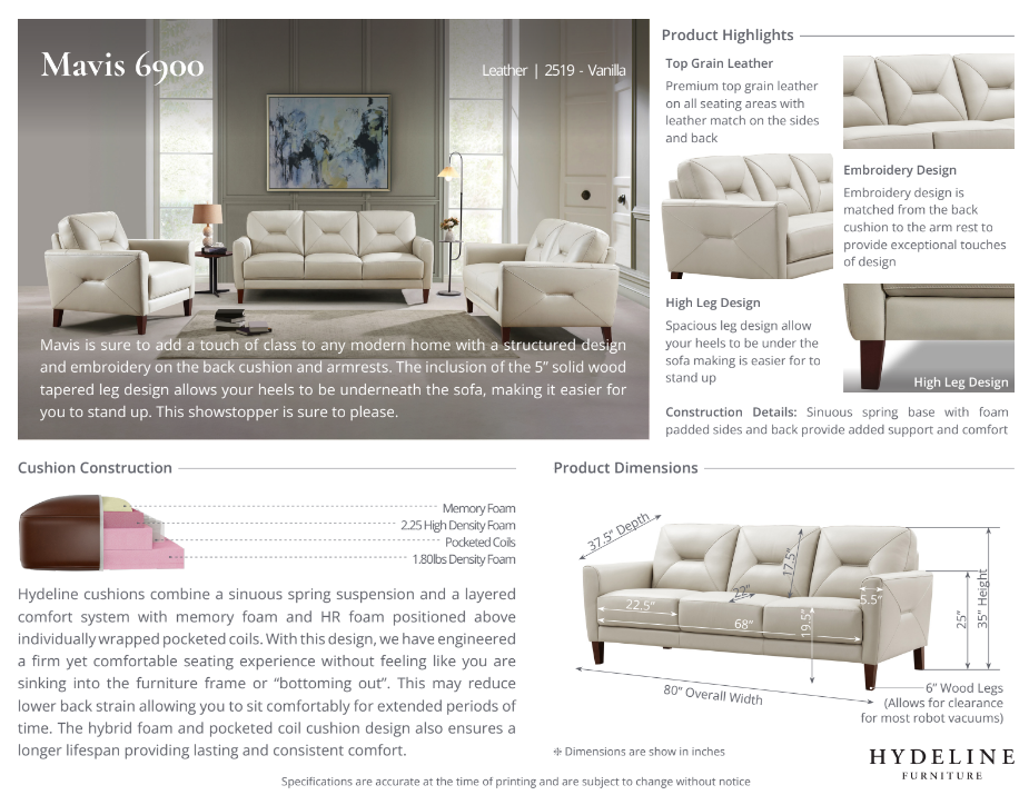 Mavis Leather Sofa Collection, Vanilla White